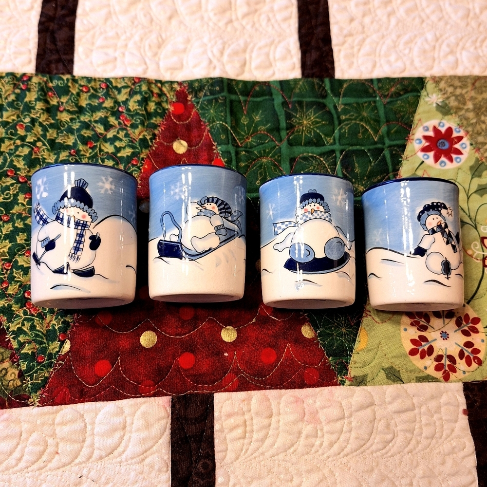 Vintage Canterbury Potteries 2003 Hand Painted Ceramic Snowman Votive Set of 4